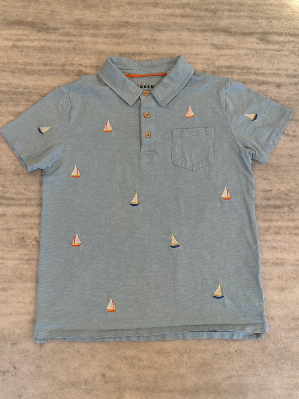 Boy’s Mini Boden Blue Sailboat Embroidered Slub Jersey Polo, Youth Size 11-12